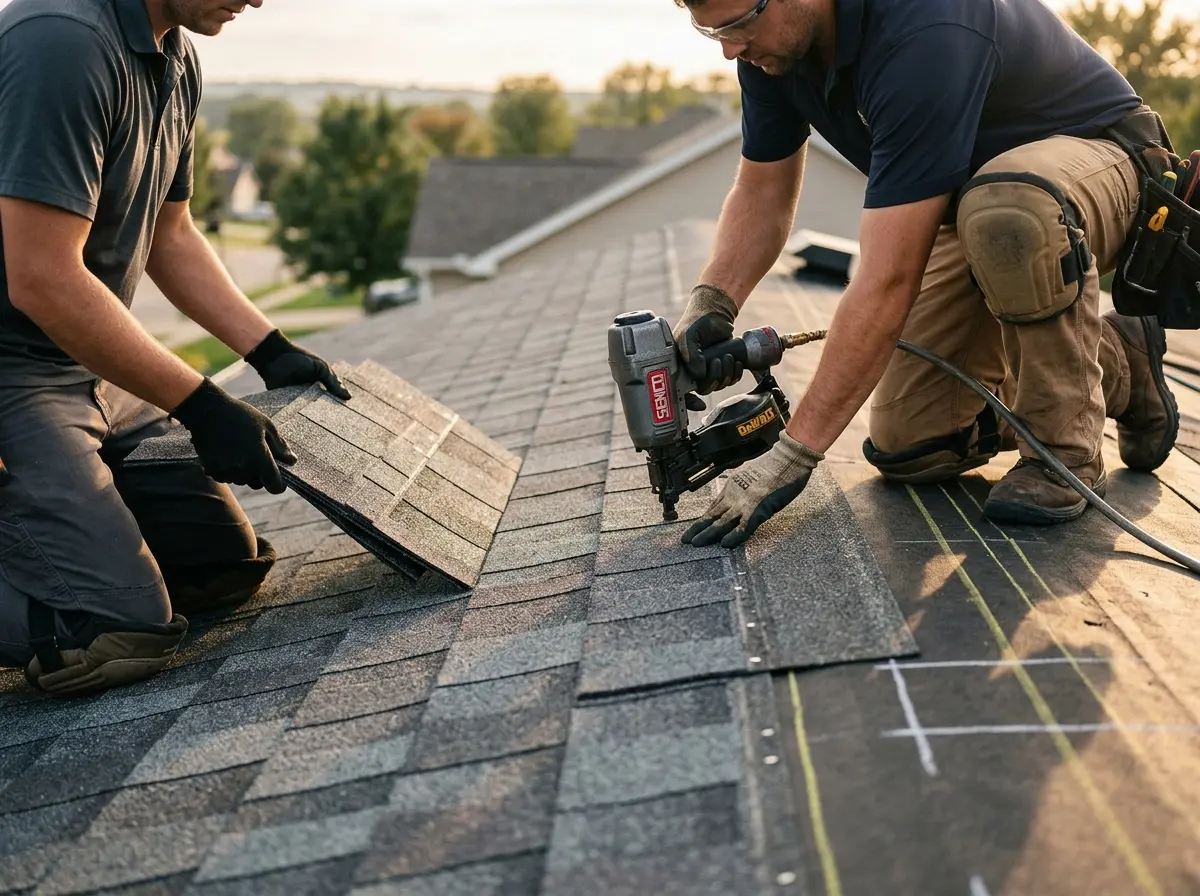 Professional roofer working on a residential roof in Worcester
